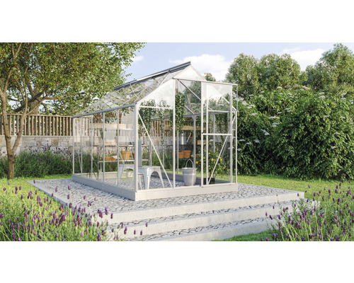 VITAVIA Tuinkas Triton 6200 veiligheidsglas 3 mm zilver, 198x317x207 cm Kas in de tuin met planten en tuingereedschap