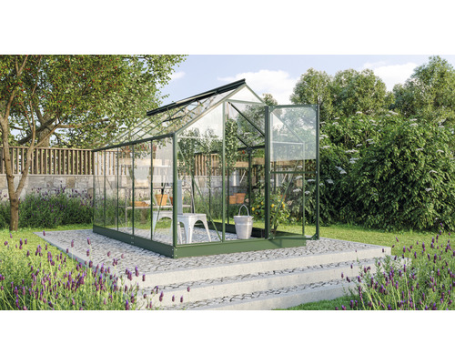 VITAVIA Tuinkas Triton 6200 veiligheidsglas 3 mm smaragd, 198x317x207 cm Kas in de tuin met planten en tuingereedschap