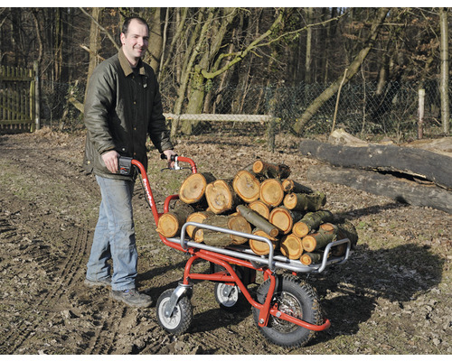 Man vervoert hout met een gemotoriseerde kruiwagen in de tuin.