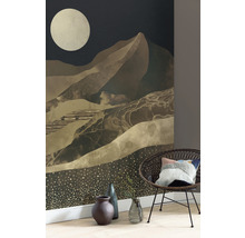 Woonkamer met een foto van een berglandschap, een stoel, vazen en een houten vloer.
