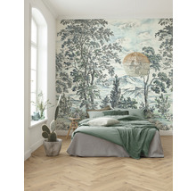 Slaapkamer met landschapsbehang, bed en houten vloer