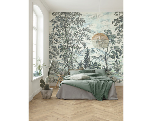 Slaapkamer met landschapsbehang, bed en houten vloer