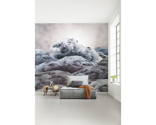 Lichte kamer met fotobehang van een besneeuwde berg