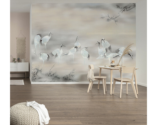 Kameroverzicht met fotobehang met kraanvogelmotief