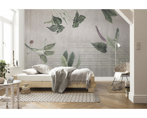 Lichte kamer met bed en fotobehang met plantmotieven