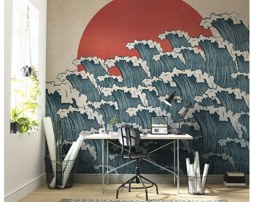 Kantoor met een fotobehang met een golfpatroon en een rode zon.