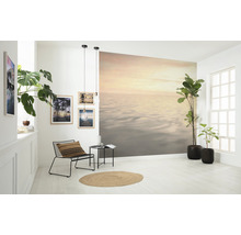Woonkamer met fotobehang, stoel, tapijt en kamerplanten voor een lichte en vriendelijke sfeer