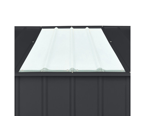 Close-up van een tuinhuis met lichtplaat in het dak.