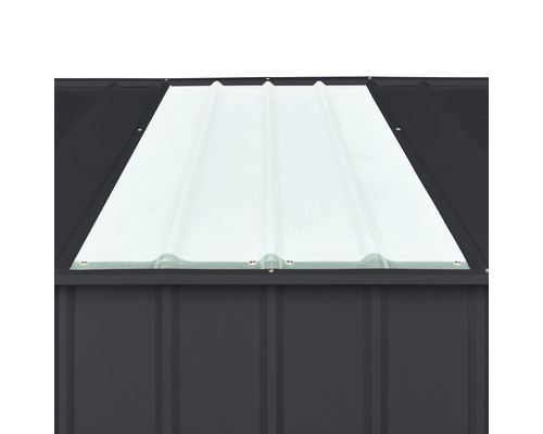 Gedetailleerd beeld van een tuinhuis met lichtpanelen in het dak.