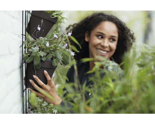 Vrouw plant een zwarte bloempot aan een verticale tuinmuur