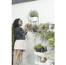 Vrouw bekijkt planten in potten aan een muur met plantenrooster, naast een serveerwagen in de tuin.