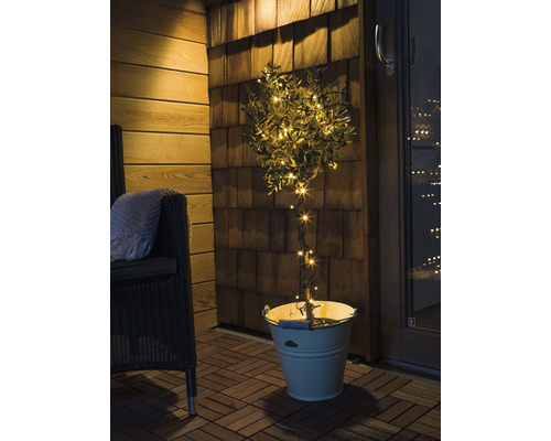 Decoratieve boom met lichtjes in een emmer op een terras.