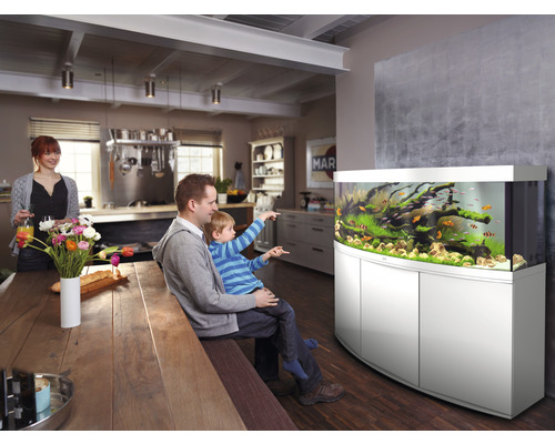 Familie kijkt naar aquarium met vissen en waterplanten in een lichte woonkamer.