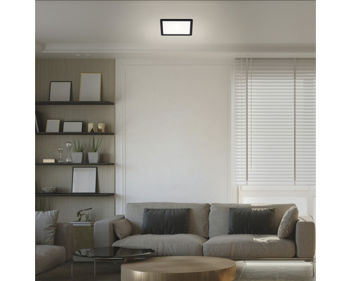 Woonkamer met bank, planken en een rechthoekige plafondlamp