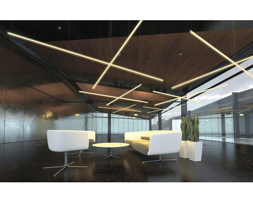 Moderne ontvangstruimte met hanglampen, zitplaatsen en kamerplanten