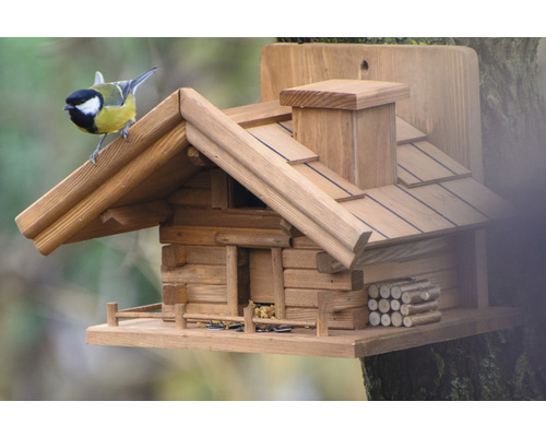 Houten vogelhuis in blokhutstijl met hek en vogel