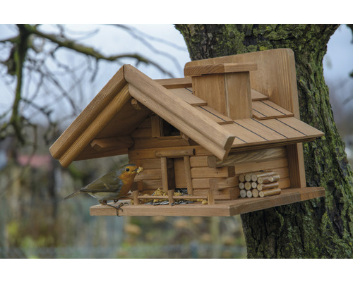 Vogelhuisje in chaletstijl met roodborstje in een boom