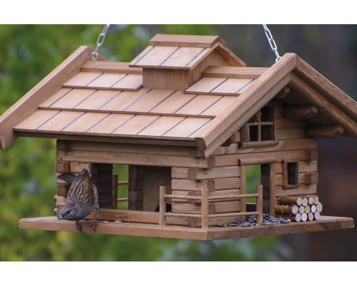 Vogelhuis van hout in chaletstijl met vogel