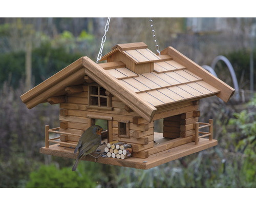 Vogelhuis in chaletstijl met vogel