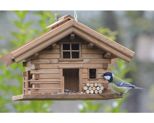 Vogelhuis in blokhutstijl met koolmees