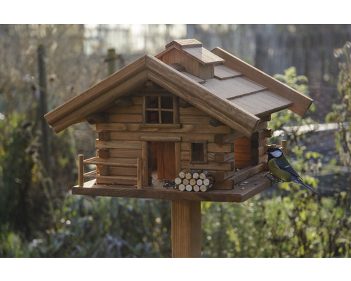 Vogelhuisje in chaletstijl met mees