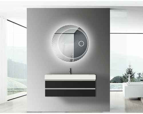 Badkamer met wastafelonderkast, wastafel en ronde spiegel met verlichting