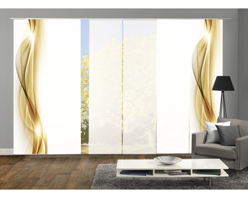 Kamerzicht met schuifgordijnen met abstract patroon