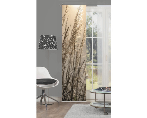 Woonkamer met schuifpaneel met plantmotief voor raam