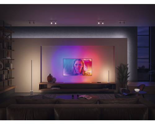 Woonkamer met televisie, verlichte staande lampen en planken.