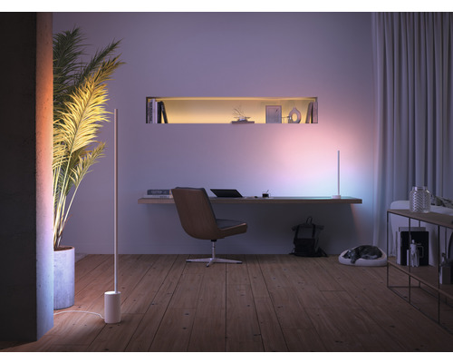 Woonkamer met bureau, vloerlampen en kamerplant