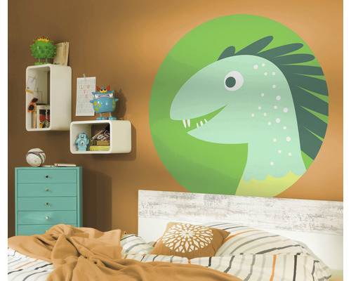 Kinderkamer met muursticker dinosaurus, bed, ladekast en planken