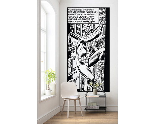 Wanddecoratie met Spider-Man strip motief in een heldere kamer.