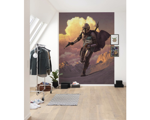 Kamer met Star Wars muurschildering, kledingrek en tapijt