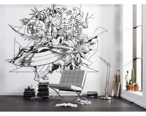 Woonkamer met Marvel Avengers muursticker, fauteuil en vloerlamp