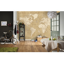 Woonkamer met wereldkaartbehang, fiets, tafel, stoel, kast en decoraties.