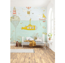 Kinderkamer met onderwaterwereldbehang, bed en houten vloer