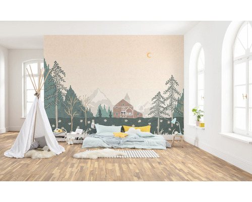 Kinderkamer met bosbehang, speeltent en bed