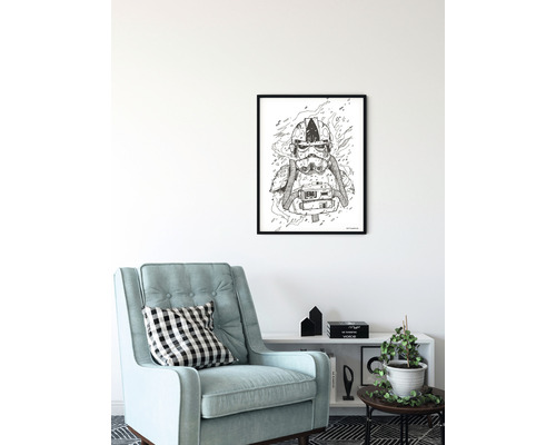 Zwart ingelijste poster met Star Wars Stormtrooper illustratie in een woonkamer