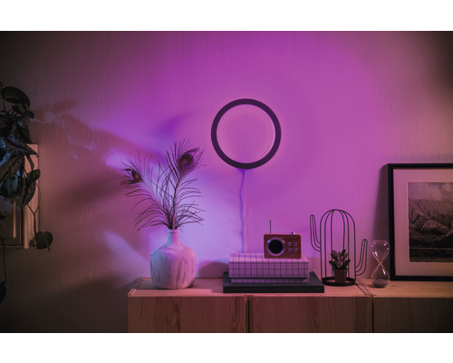 Woonkamer met cirkelvormige wandlamp, vaas met pauwenveren en decoratieve elementen op een kast.