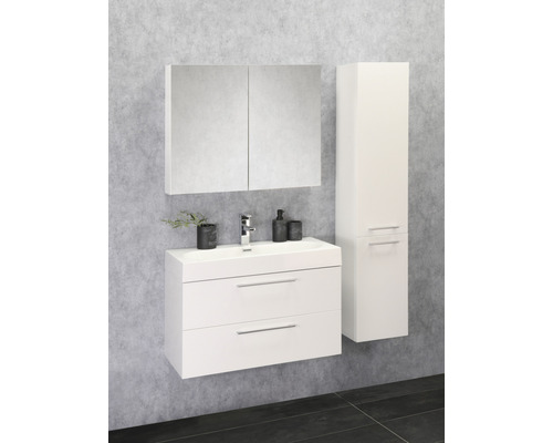 Badkamerset met wastafelonderkast, wastafel, spiegelkast en hoge kast