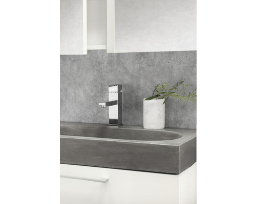 Moderne badkamer met betonnen wastafel, kraan en decoratie