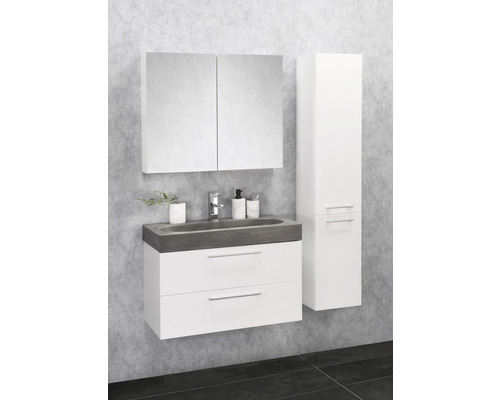Badkamerset met wastafelonderkast, wastafel, spiegelkast en hoge kast