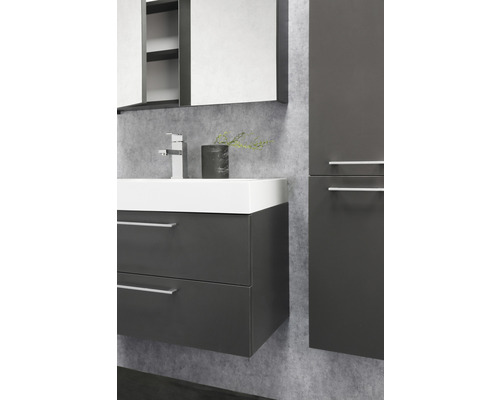 Moderne badkamer met wastafelonderkast, wastafel, spiegelkast en hoge kast voor een stijlvolle ambiance.