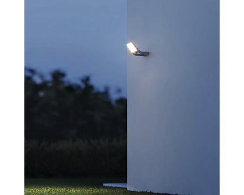 Aan de muur gemonteerde led-buitenstraler met lichtbundel in de tuin