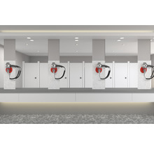 Openbaar toilet met meerdere wastafels en haardrogers aan de muur