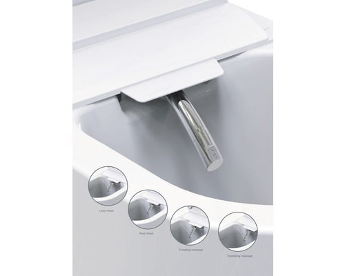 Bidetfunctie van een douchetoilet met verschillende wasmethoden: Lady Wash, Rear Wash, pulserende massage en oscillerende massage.