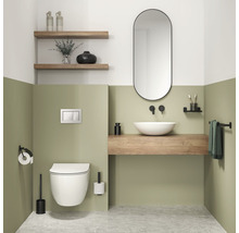 Moderne badkamer met wastafel, spiegel, toilet en planken