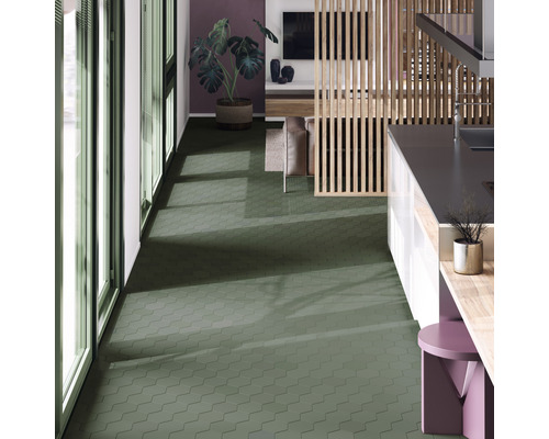 Kameroverzicht met zeshoekige vloertegels en keukengedeelte