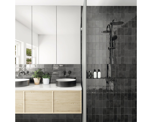 Badkamer met zwarte tegels, wastafelmeubel met twee wastafels en spiegelkast