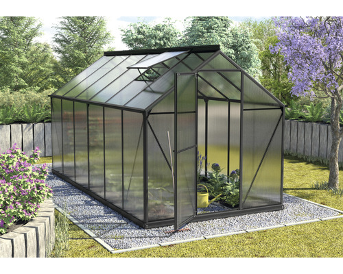 Kas met open deur en dakraam in de tuin